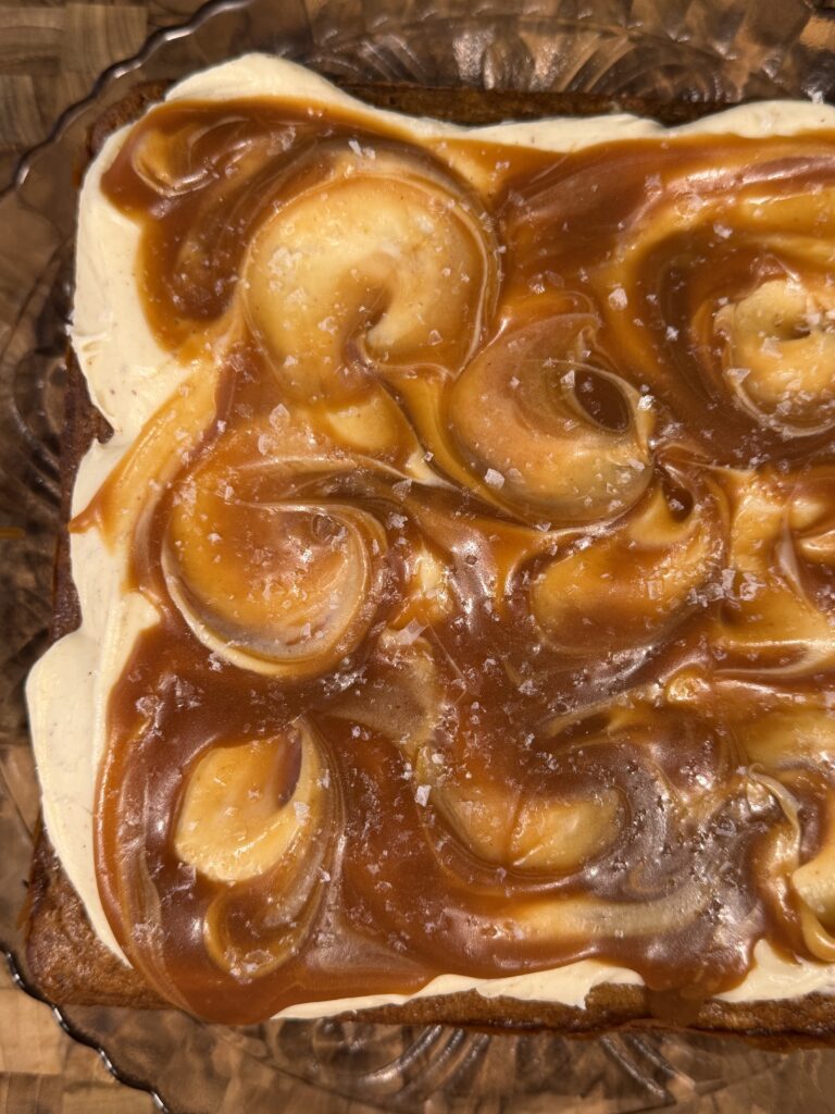 Brown Butter Banana Cake with Brown Butter Cream Cheese Frosting and Salted Caramel Sauce