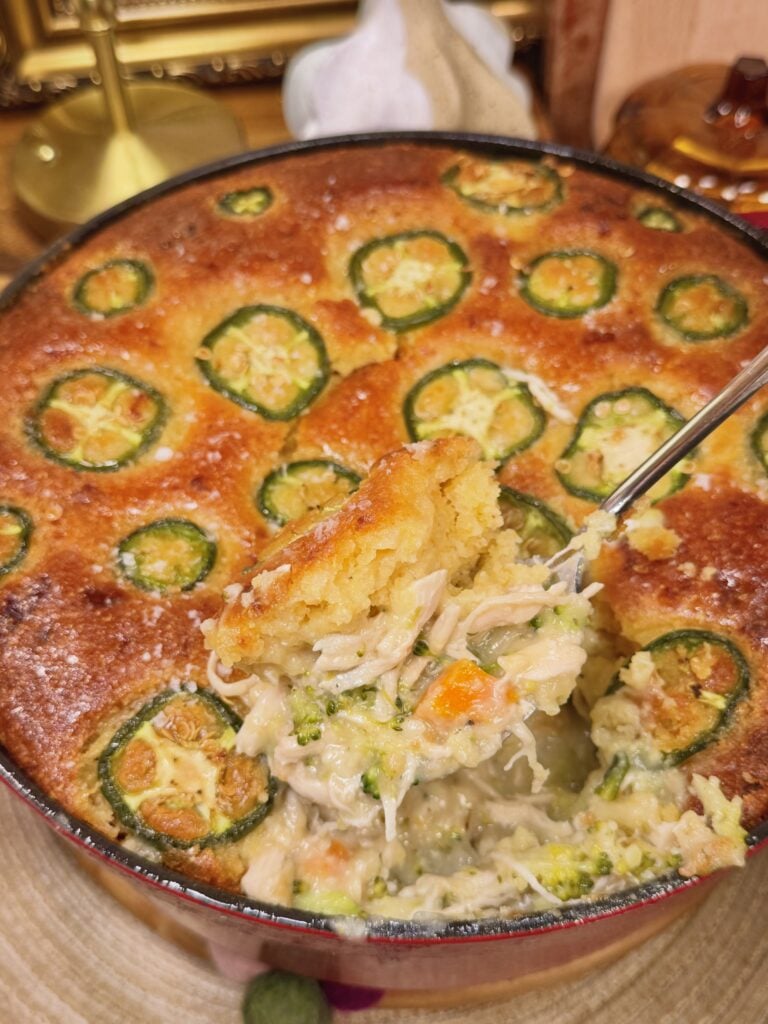 Broccoli Cheddar Jalapeño Pot Pie with Jalapeño Cornbread Topping